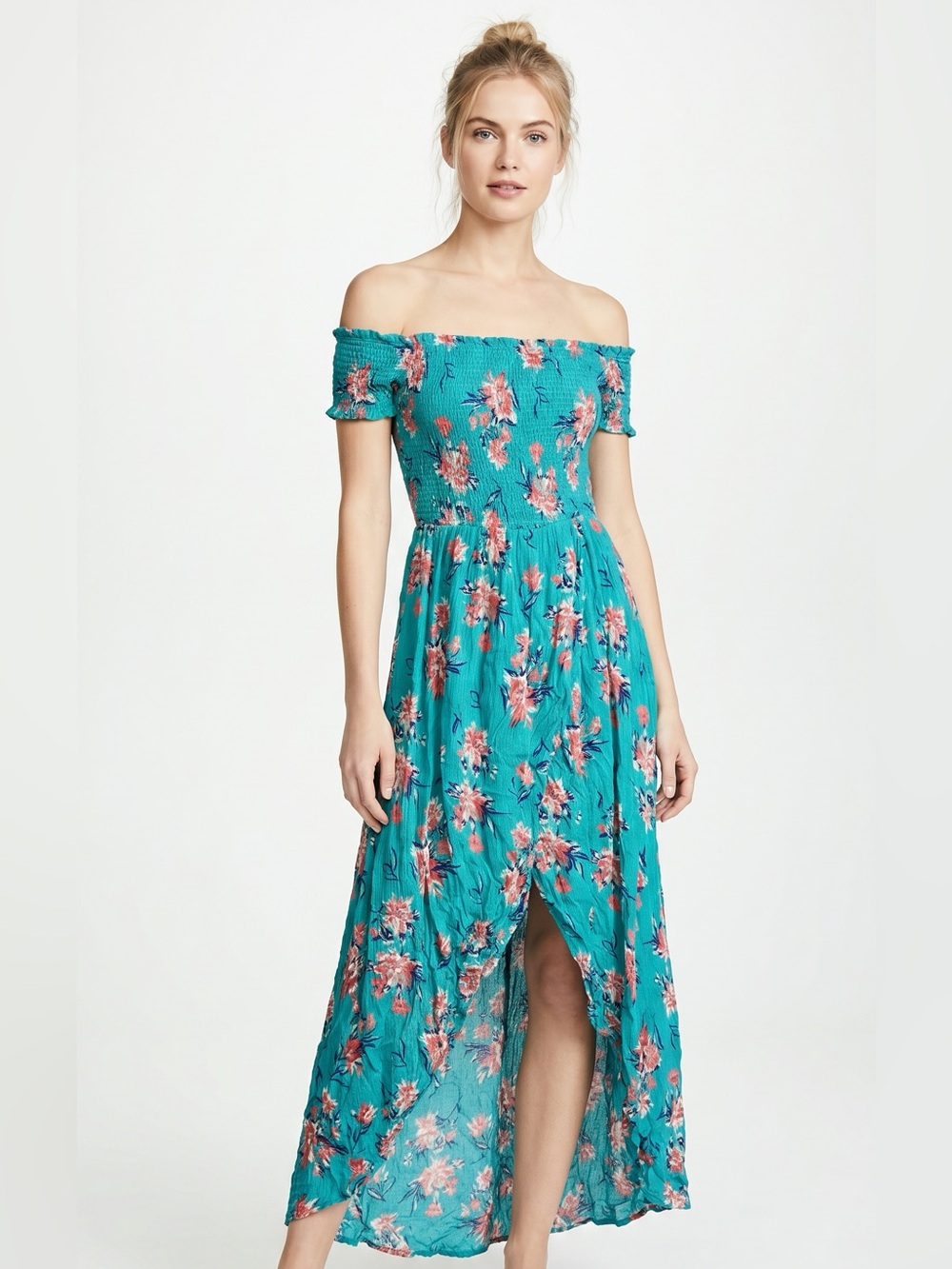 Off-Shoulder Teal Floral Maxi Dress